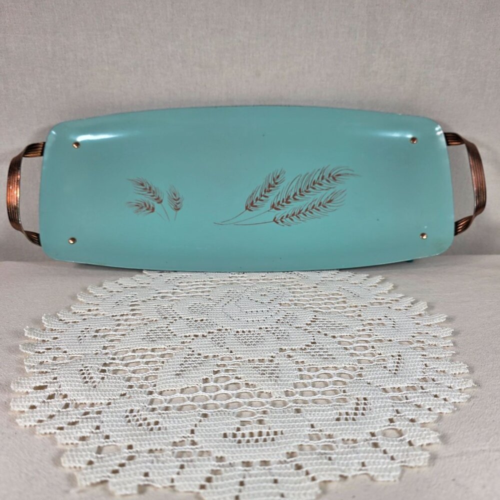 Vintage Turquoise Wheat Motif Enamel Serving Tray With Copper Handles